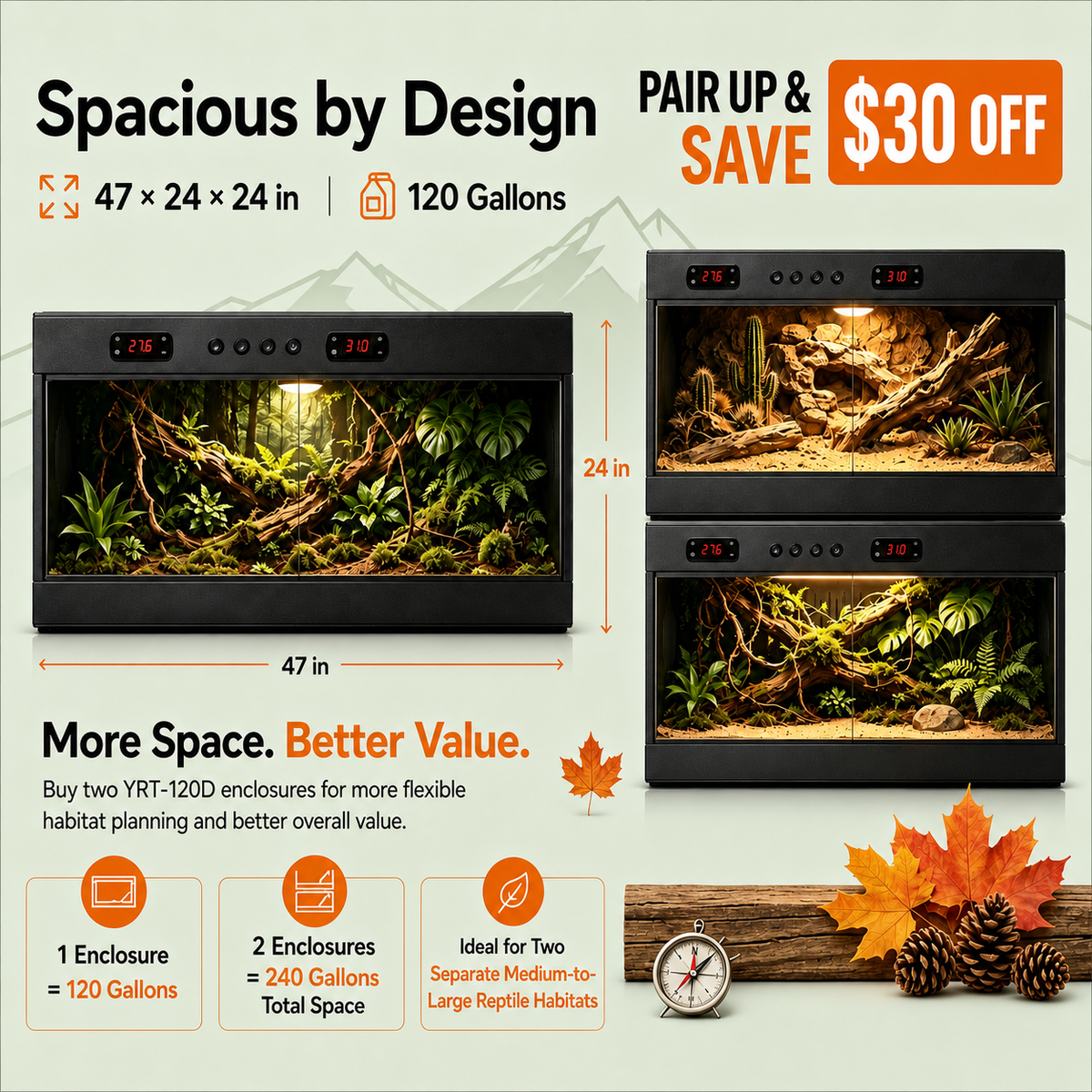 Autumn Sale Bundle Premium High-Capacity PVC Reptile Enclosure – 120 Gal YRT-120D